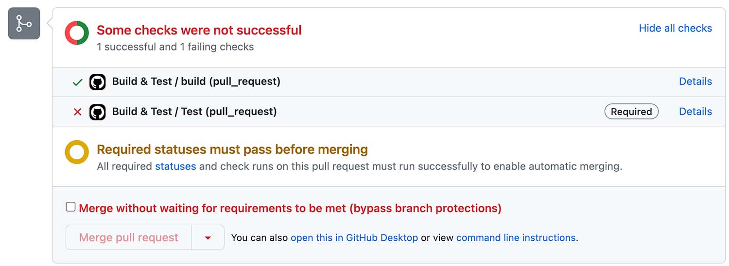 Pull Request의 status checks에 등록된 Required 잡이 실패해서 막힌 머지